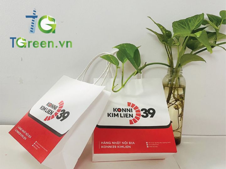 Túi giấy Kraft màu đỏ trắng in logo